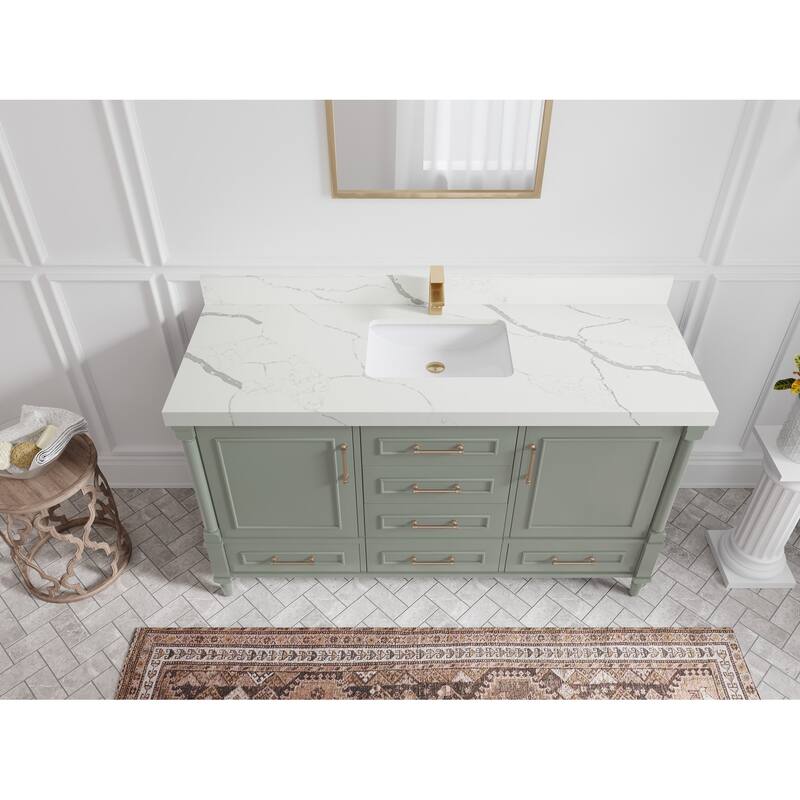 Willow Collections 60 in. W x 22 in. D Aberdeen Single Bowl Sink Bathroom Vanity with Countertop - 2" Calacatta Laza - Evergreen