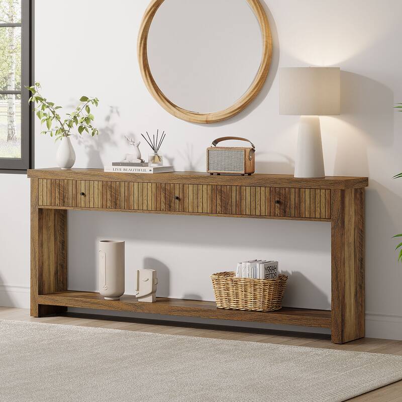 Industrial Wood Console Sofa Table with 3 Drawers for Entryway