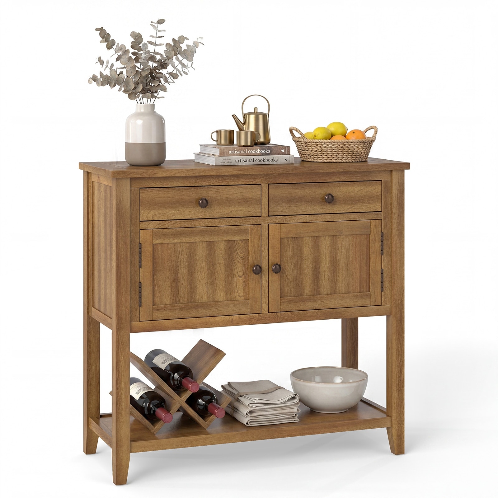 Costway Mid-Century Console Table with 2 Drawers, 2 Cabinets & Bottom - See Details