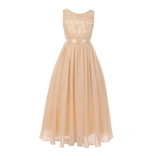 Girls Champagne Satin Sash 3D Lace Chiffon Junior Bridesmaid Dress