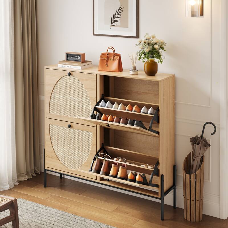 Space-Saving Rattan Shoe Cabinet with 4 Flip-Down Doors-Elegant Narrow Storage for Entryways & Hallways