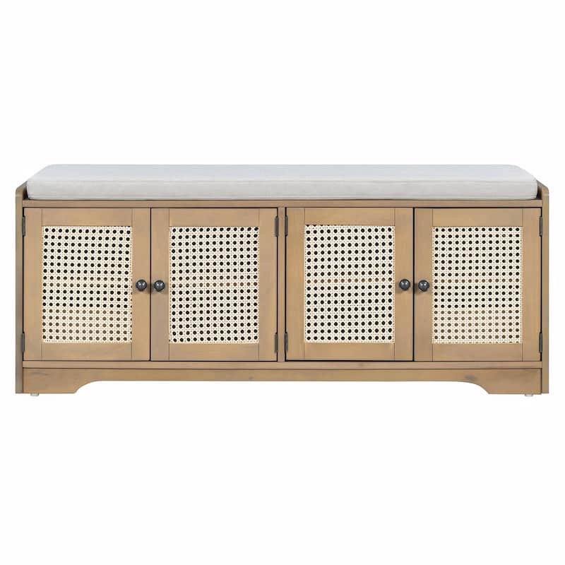 Rustic Storage Bench with Removable Cushion, Woven Rattan Doors & Adjustable Shelves