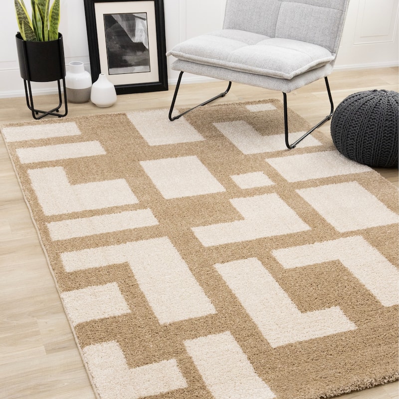 Hampton Cream Beige Geometric Shapes Area Rug, 5'3" x 7'7"