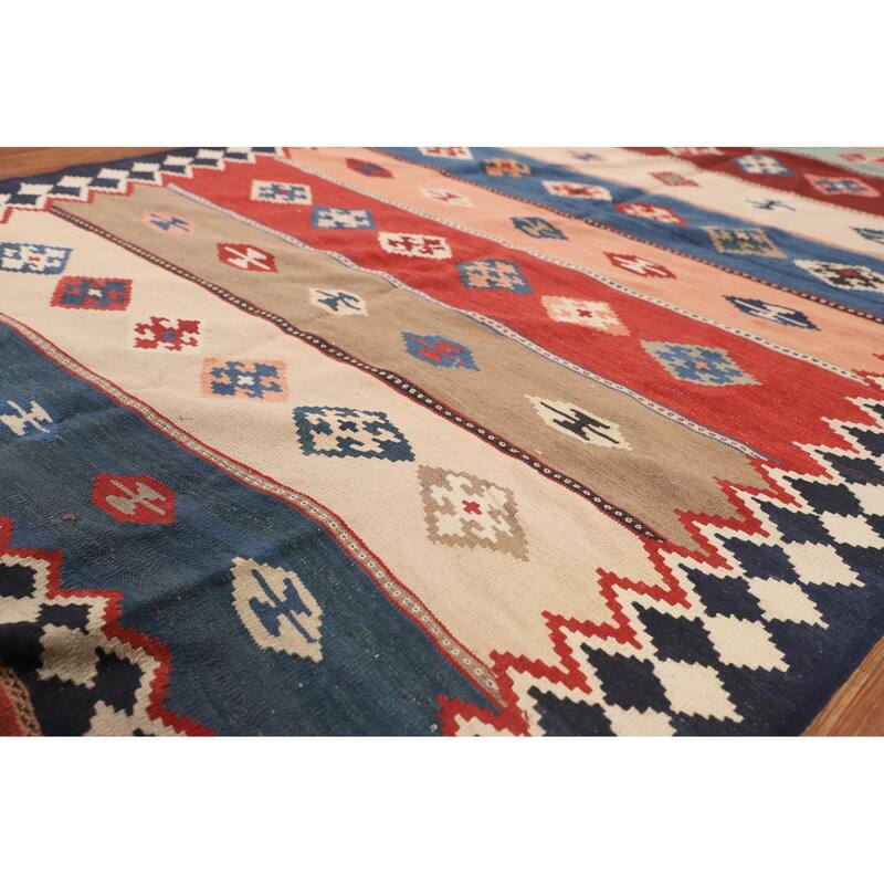 Striped Geometric Kilim Qashqai Persian Rug Hand-Woven Wool Carpet - 5'3"x 9'11"