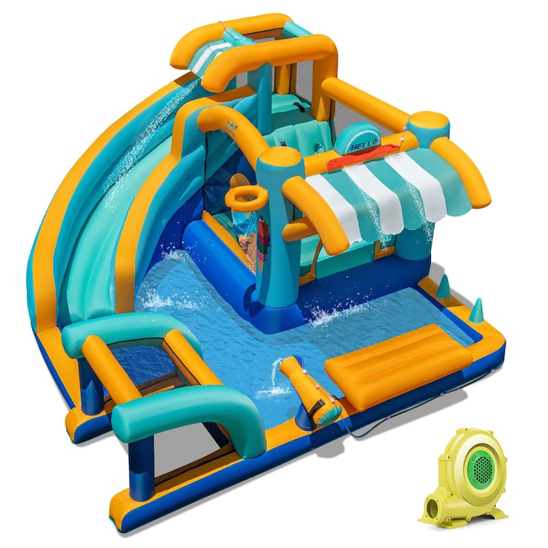 5-in-1 Kids Inflatable Bounce House with Water Slide and Jumping Area Climbing Wall Ice Cream Theme - 149” x 144” x 80”