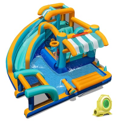 5-in-1 Kids Inflatable Bounce House with Water Slide and Jumping Area Climbing Wall Ice Cream Theme - 149” x 144” x 80”