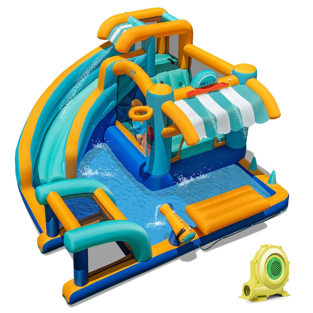 5-in-1 Kids Inflatable Bounce House with Water Slide and Jumping Area Climbing Wall Ice Cream Theme - 149” x 144” x 80”