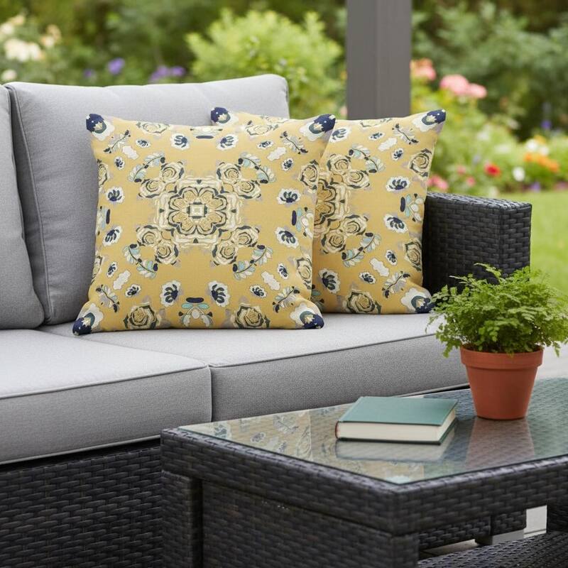 HomeRoots Set of Two 16" X 16" Blue and Yellow Blown Seam Floral Indoor Outdoor Throw Pillow - 16.00' X '16.00' X '5.00 - Blue/Yellow - 16.00' X '16.00' X '5.00