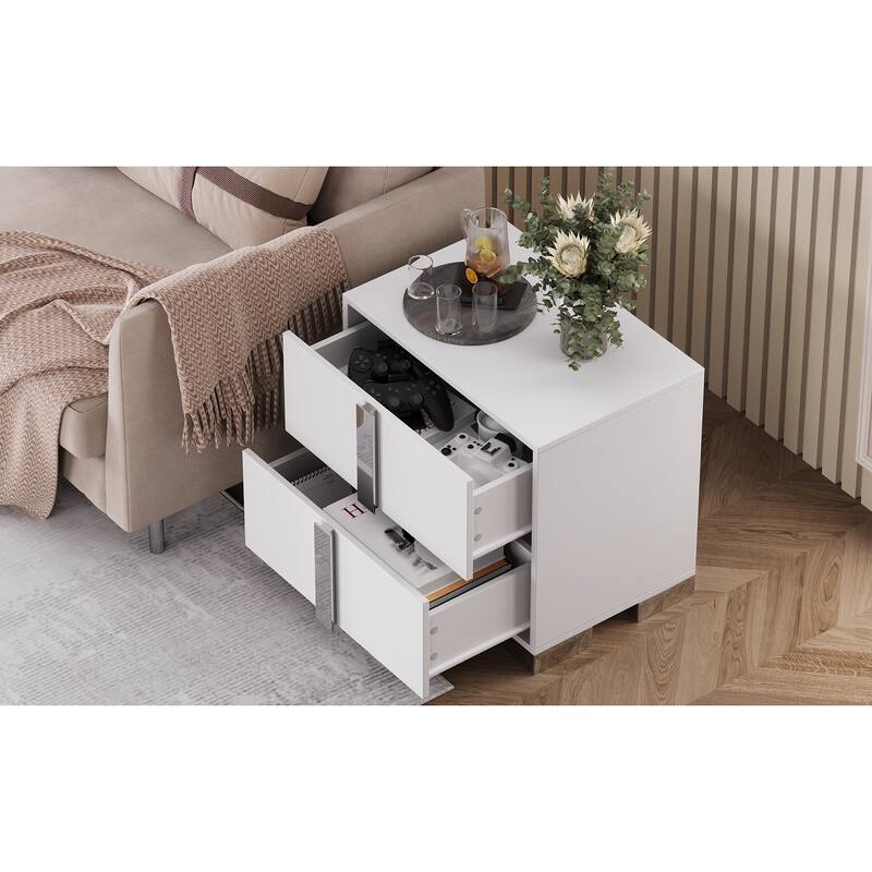 Modern End Table with Drawers, Elegant Nightstand with Metal Foot,Wood Bedside Table with Mirrored Metal Handles
