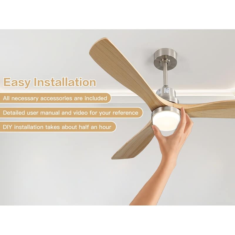 52" Solid Wood Noiseless 3-Blade Ceiling Fans with Dimmable LED Light Optional and Remote, 6-Speed Reversible DC Motor