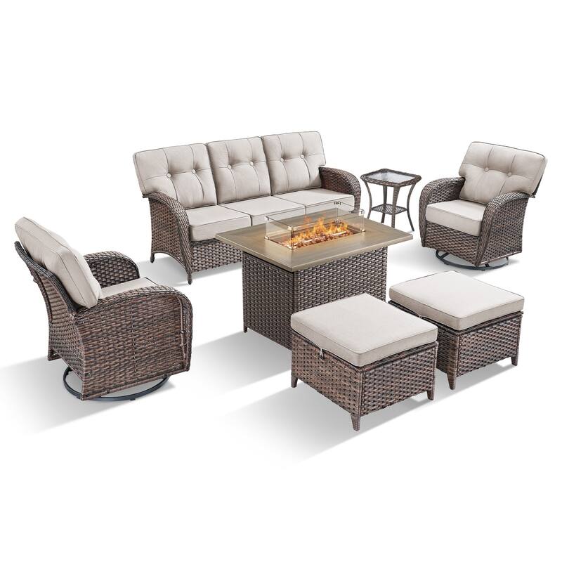 TWrap Wicker Patio Fire Pit Conversation Set with 3-Seat Sofa & Swivel Gliders