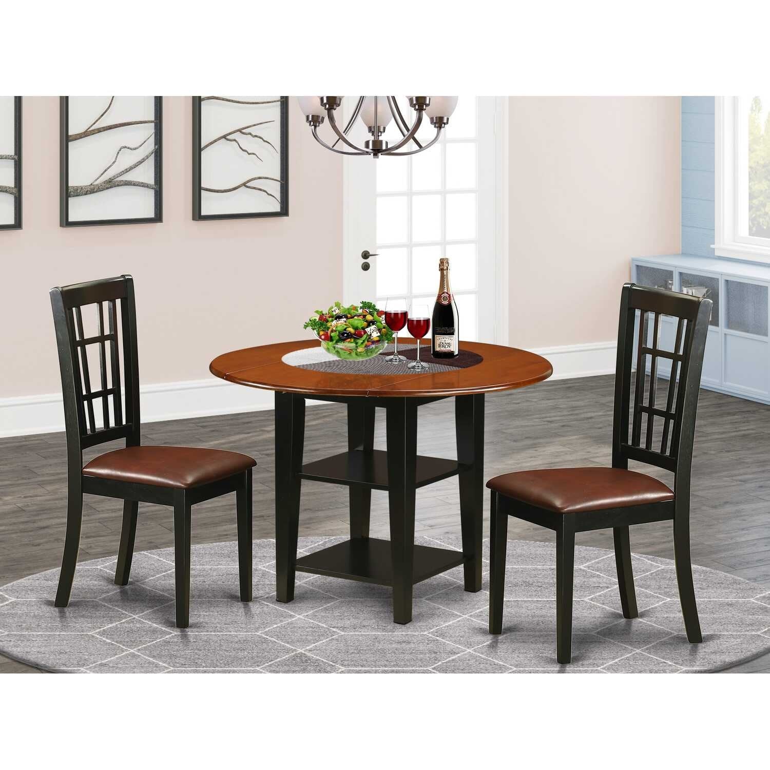 HomeStock 3-Piece Black and Cherry Finish Round Solid Wood Top Dining Table Set