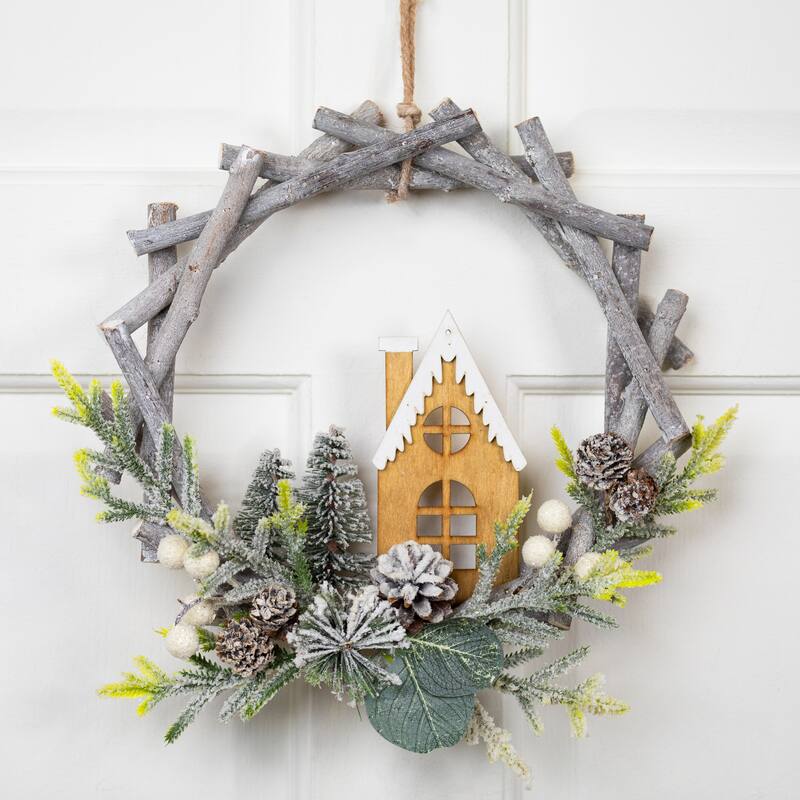 Flocked House and Pinecones Wood Branch Artificial Christmas Wreath - 12" - Unlit