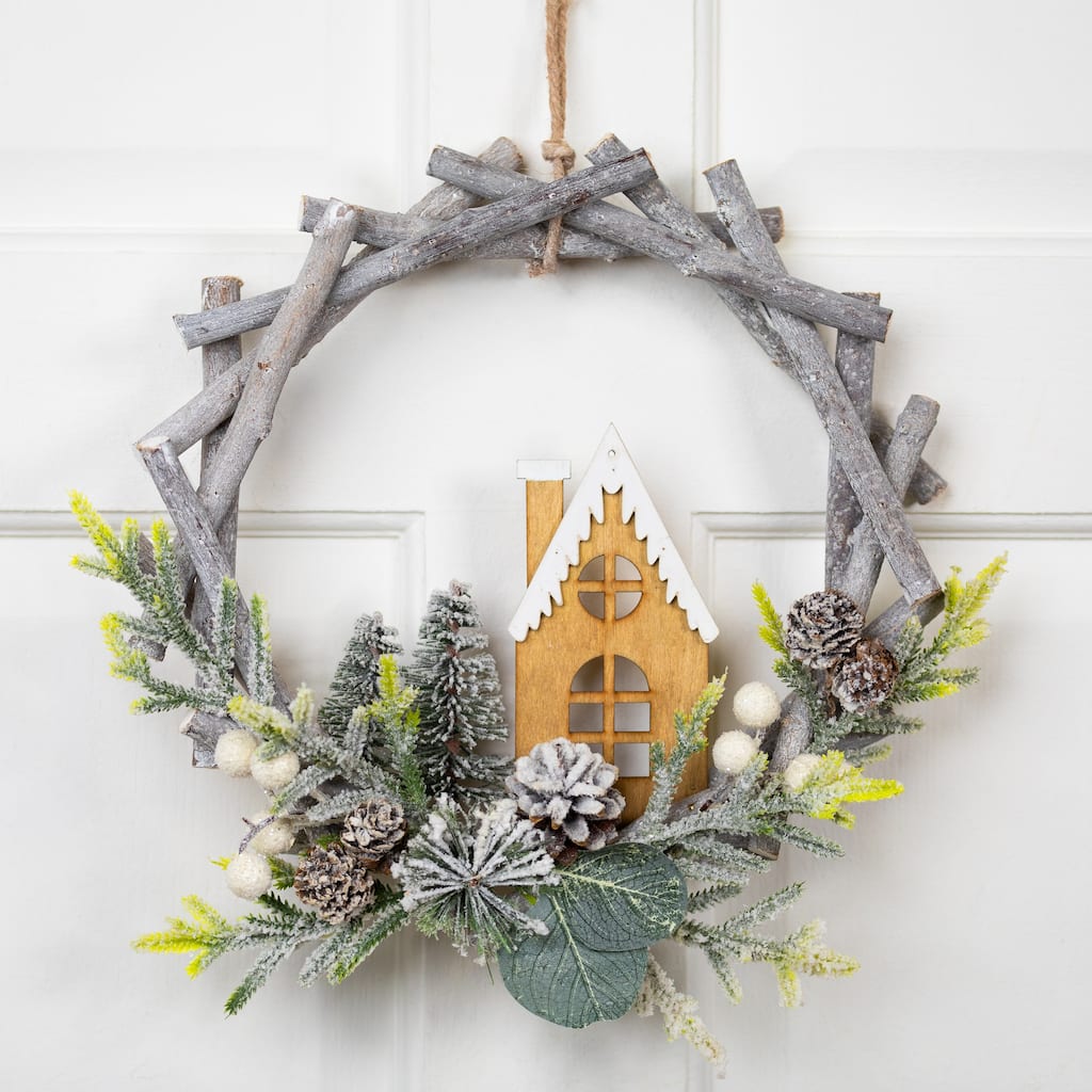 Flocked House and Pinecones Wood Branch Artificial Christmas Wreath - 12" - Unlit