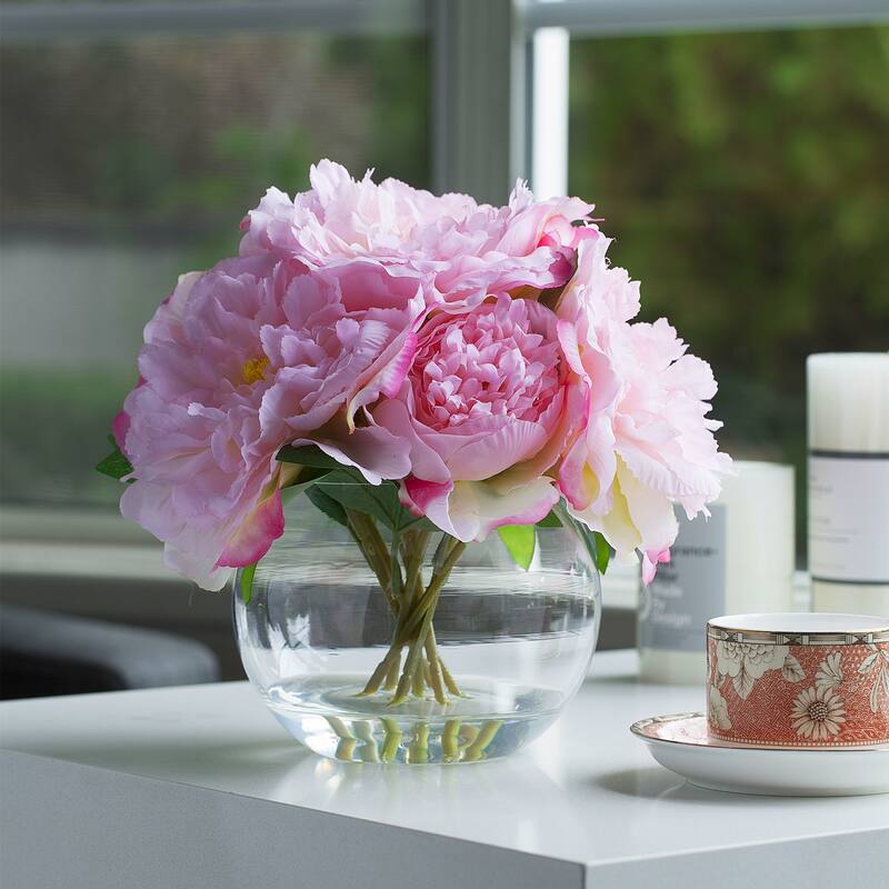 Enova Home Artificial Silk Peony Fake Flowers Arrangement in Round Glass Vase with Faux Water - 10"H x 10"W - Pink