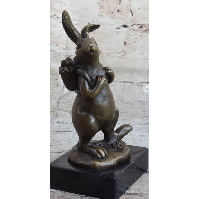 Signed Original Milo Bunny W. Basket Of Flower Bronze Art Decor Sculpture Figure