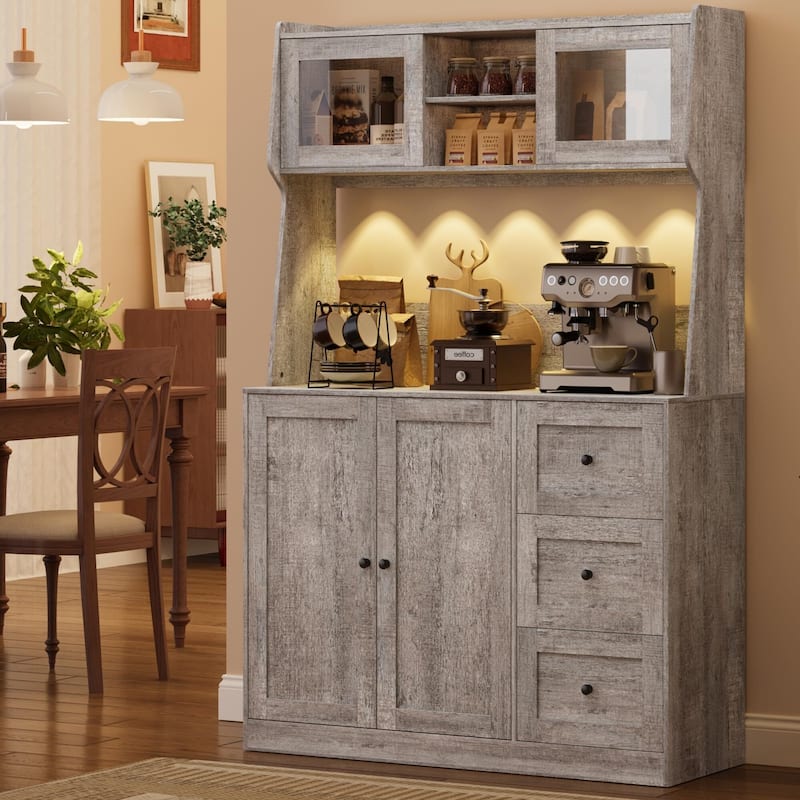 67" Tall Kitchen Hutch Storage Cabinet, Farmhosue Coffee Bar Cabinet with 3 Drawers