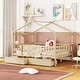 preview thumbnail 14 of 34, Kids Funny Canopy Bed Wooden Frame House Bed Full Size Platform Bed Daybed with Roof, Safety Guardrail and Drawers