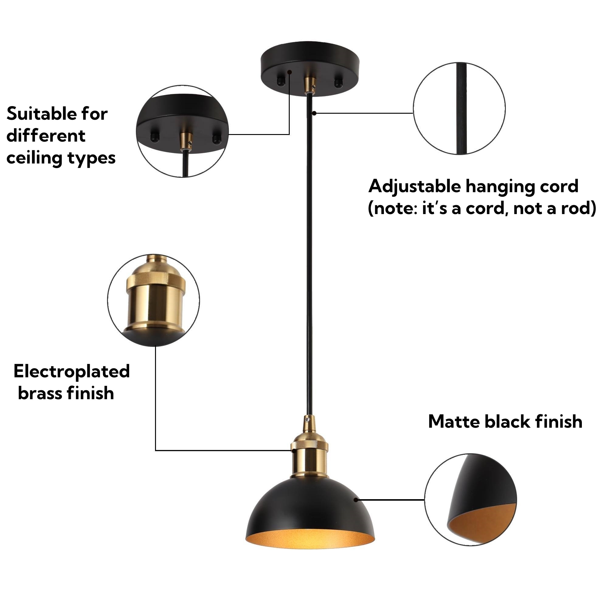 Farmhouse Pendant Light - 12 Inch Black & Gold Dome Kitchen Island Lighting