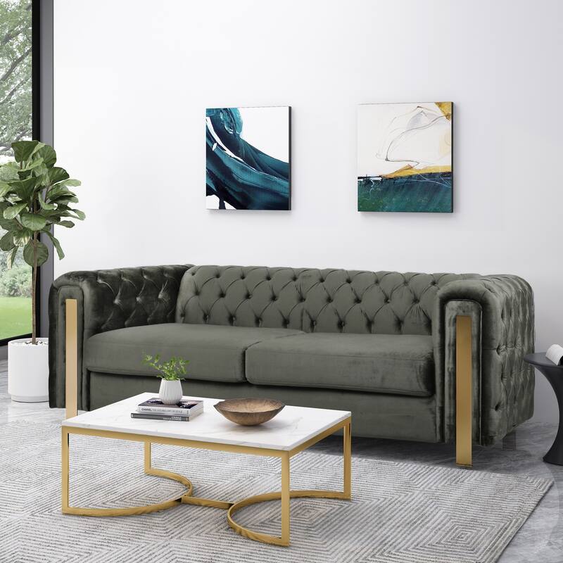 Velvet Button Tufted 3-seater Sofa with Iron Legs