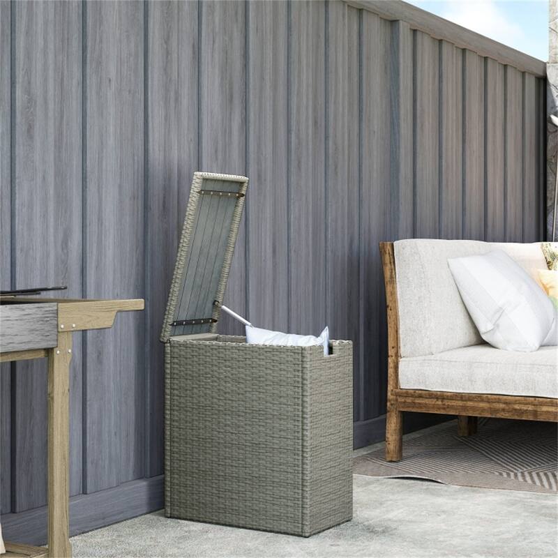 Outdoor Deck Box with Acacia Wood Top PE Rattan Steel Storage Chest Patio Garden Side Table - 11" W x 21.7" D x 23.6" H