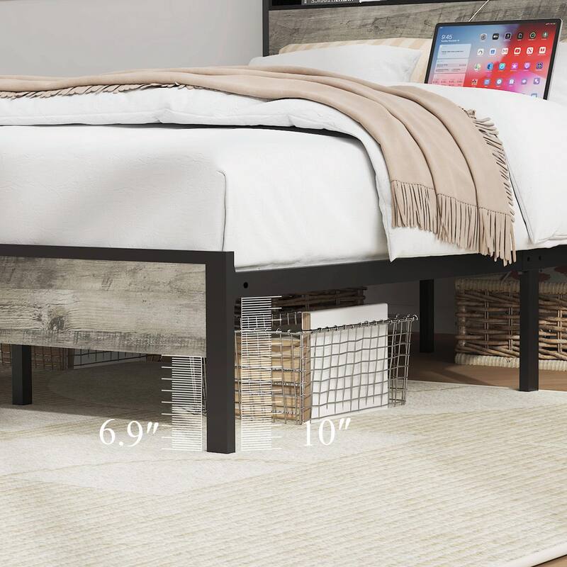 Platform Bed Frame with Storage & USB Ports, No Box Spring Needed