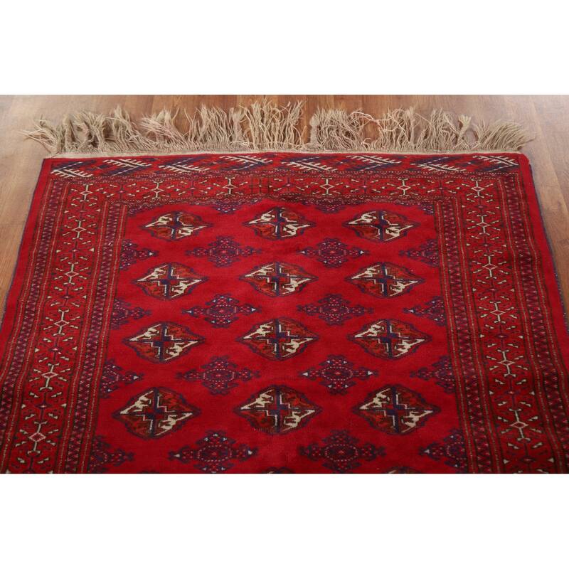 Geometric Red Turkoman Persian Vintage Foyer Rug Handmade Wool Carpet - 4'3"x 5'8"