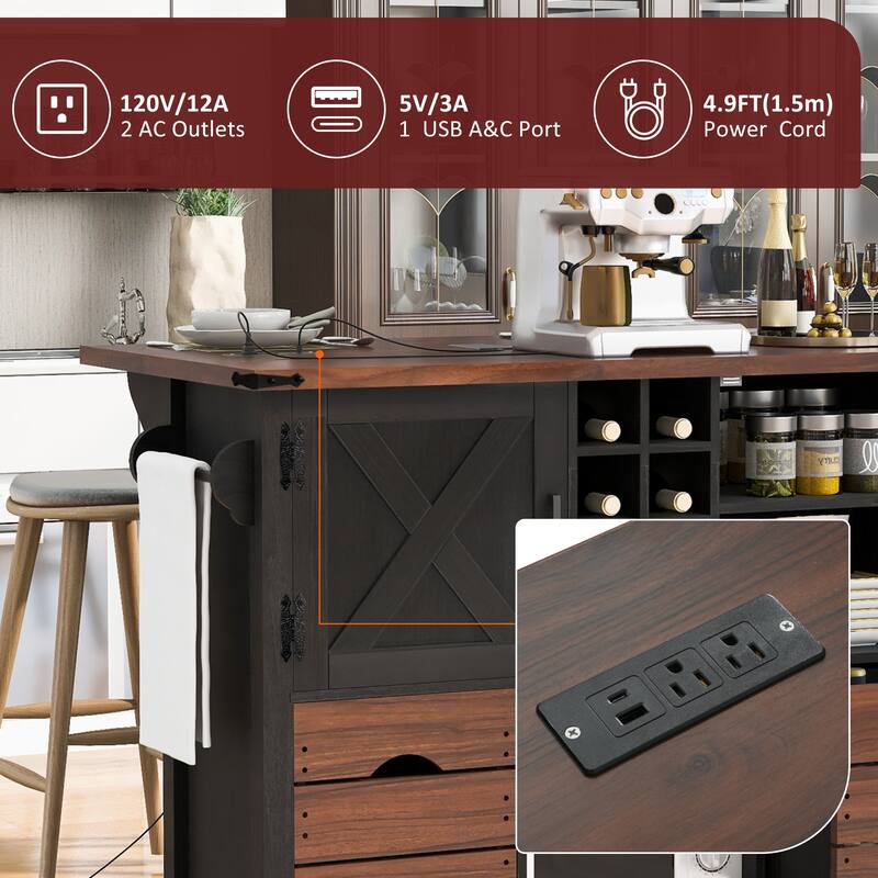 Anmytek 54" Farmhouse Rolling Kitchen Island with Drop Leaf, Power Outlet, Storage Cart, Drawers, Wheels, Spice Rack, Black