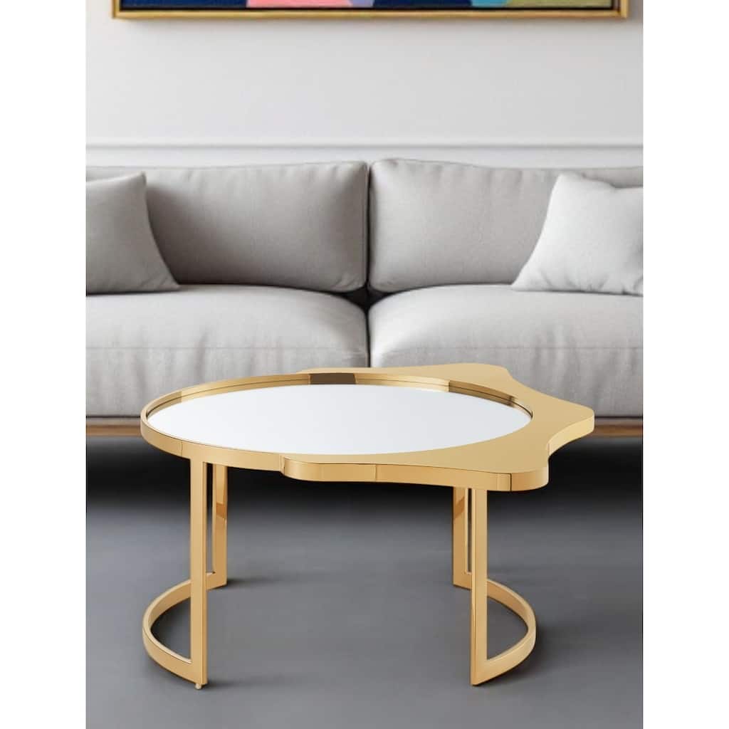 HomeRoots 32" Gold Glass And Stainless Steel Round Mirrored Coffee Table - 31.50 in. x 16.50 in. x 35.80 in.