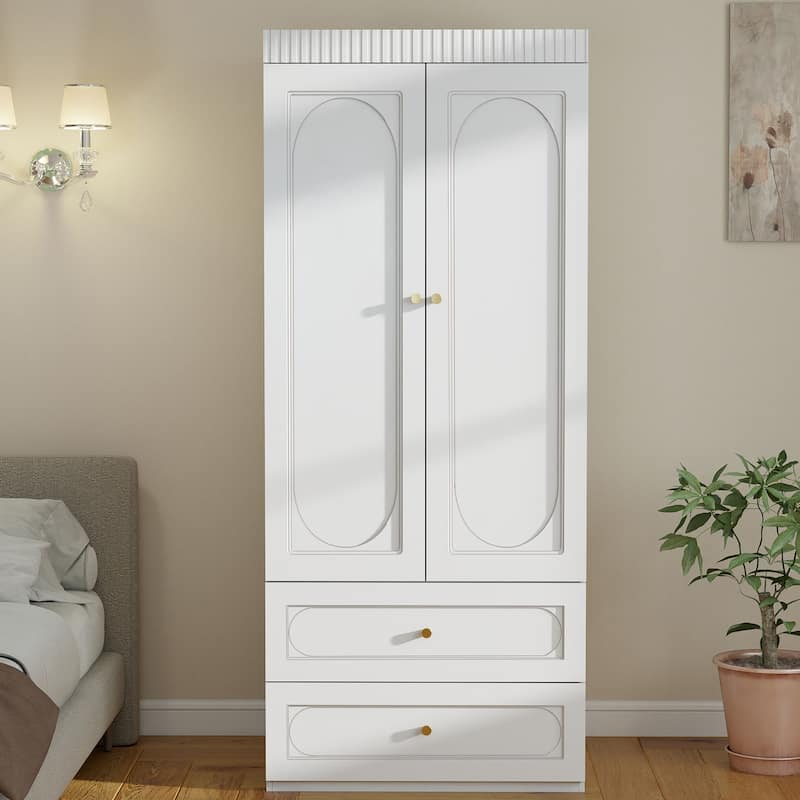2 Door Armoire Wardrobe Closet, Floor Standing Freestanding Wardrobe Closet with 2 Big Drawers for Bedroom