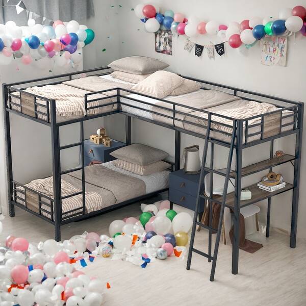 slide 2 of 11, Modern Twin Over Twin L-Shaped Bunk Bed With Twin Size Loft Bed With Desk And Built-in Shelves,Brown