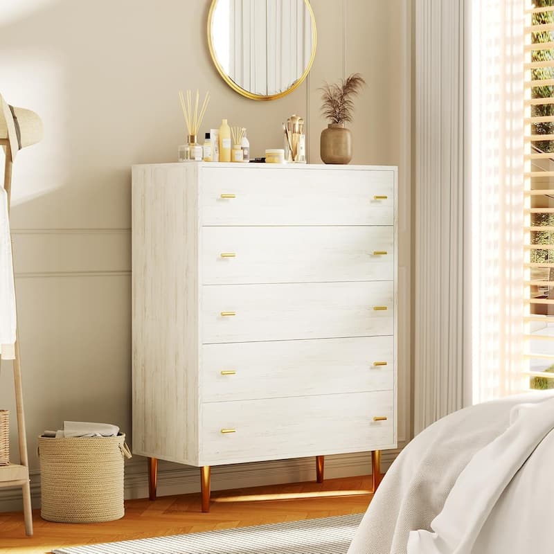 Farmhouse 5 Drawer Dresser, 44" Tall White Wood Chest with Bar Handles and Rustic Texture for Bedroom, Living Room