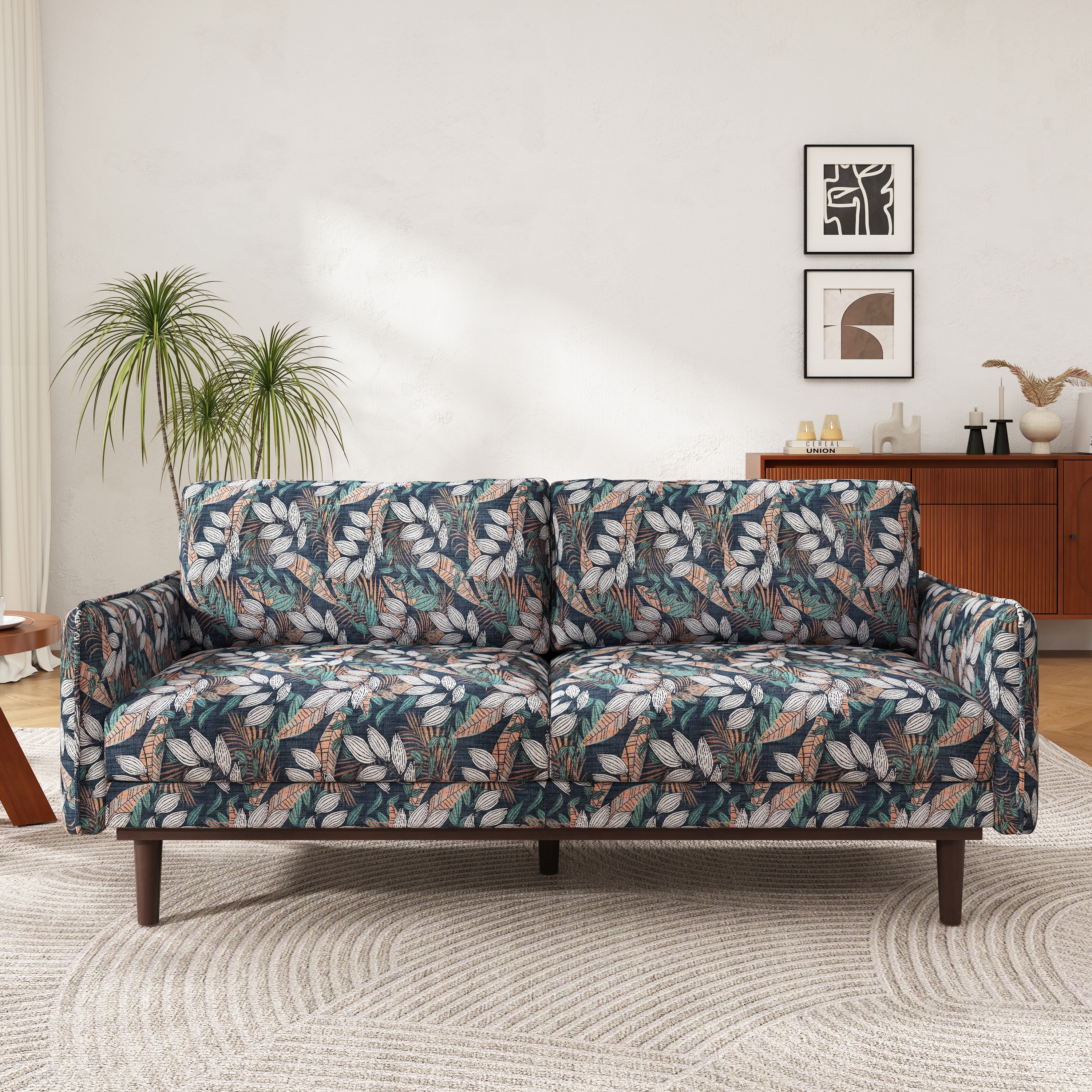 Elegant Loveseat Sofa Couch with Wood Legs, 2-Seater Sofa Couch Green Settee Couch with Square Armrests