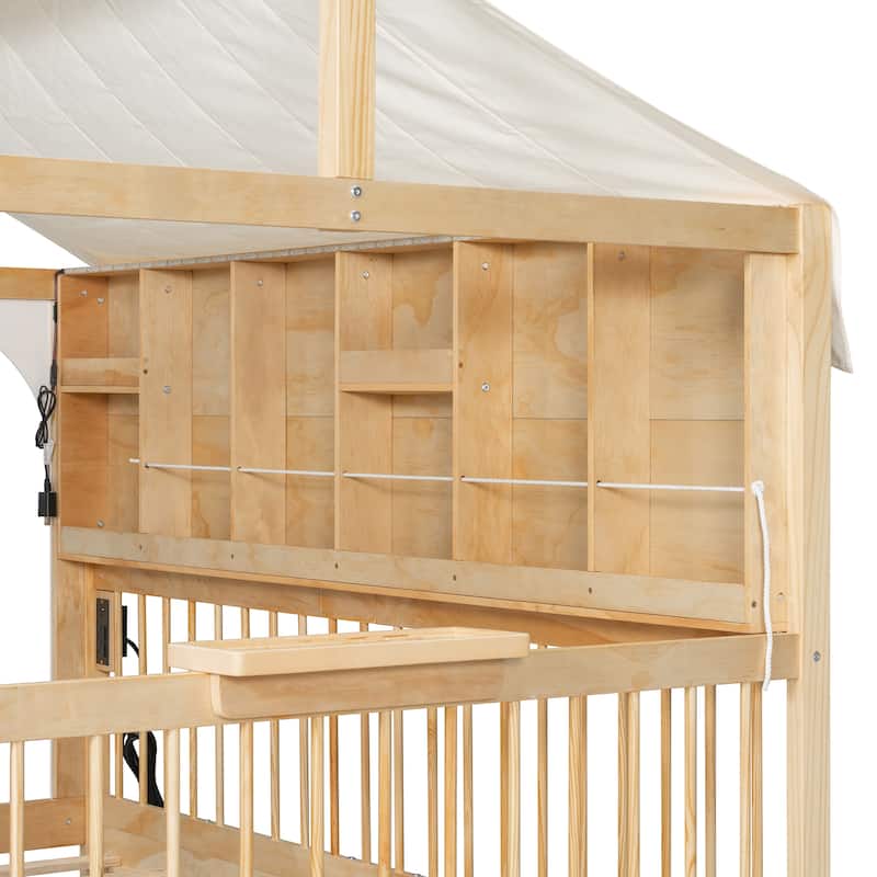 Full Size House Bed Wood Platform Bed with Tent and 21.7 inch Rail, LED Kids Bed with 2 Drawers Side Bookshelf Integrated Socket