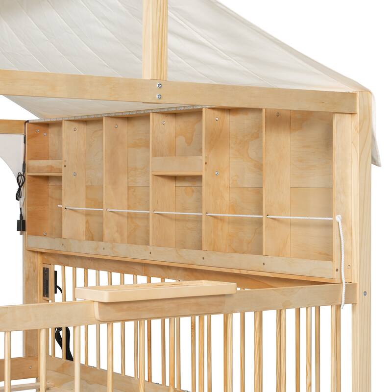 Full Size House Bed with 2 Large Drawers, Side Bookshelf with LED Strip