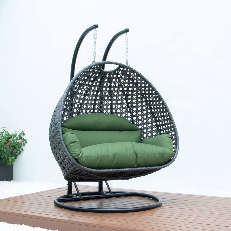 LeisureMod 2-Person Hanging Egg Swing Chair with Metal Stand - Handcrafted Charcoal Wicker, Patio Hammock Lounger with Cushions