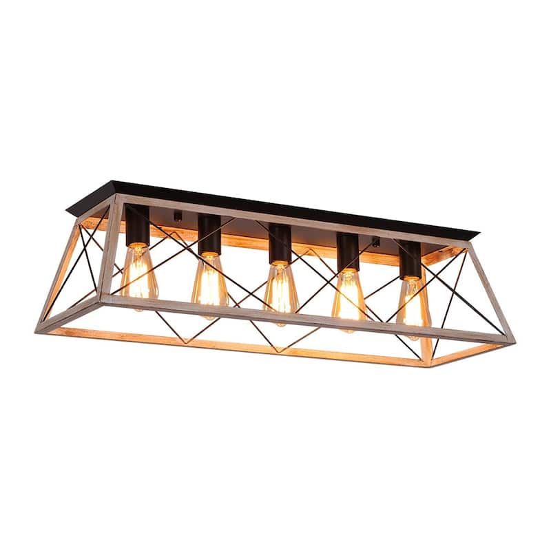 Rustic 5-Light Rectangular Cage Flush Semi Flush Mount - 31.5in