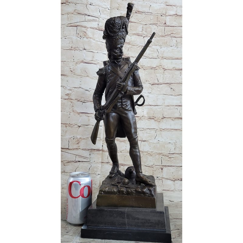 19Th Century European Soldier W/ Rifle In Bearskin Hat Bronze Metal Statue Sculpture