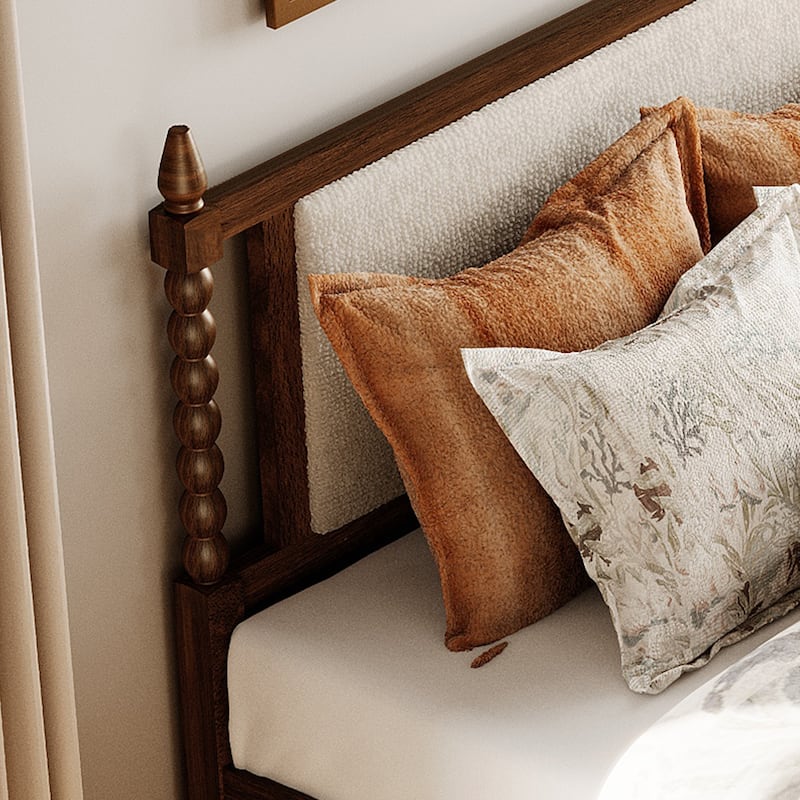 WAMPAT Vintage Queen Bed Frame – Solid Wood 4-Poster with Upholstered Headboard, No Box Spring Needed
