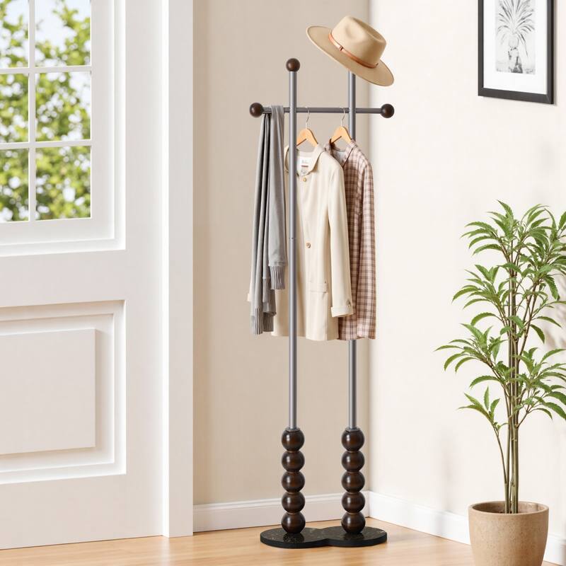 Metal Freestanding Coat Rack with Heavy Duty Marble Base - 70"H x 19.7"W (top) × 17.7"(base) x 9.8"D - Matte Steel & Wood