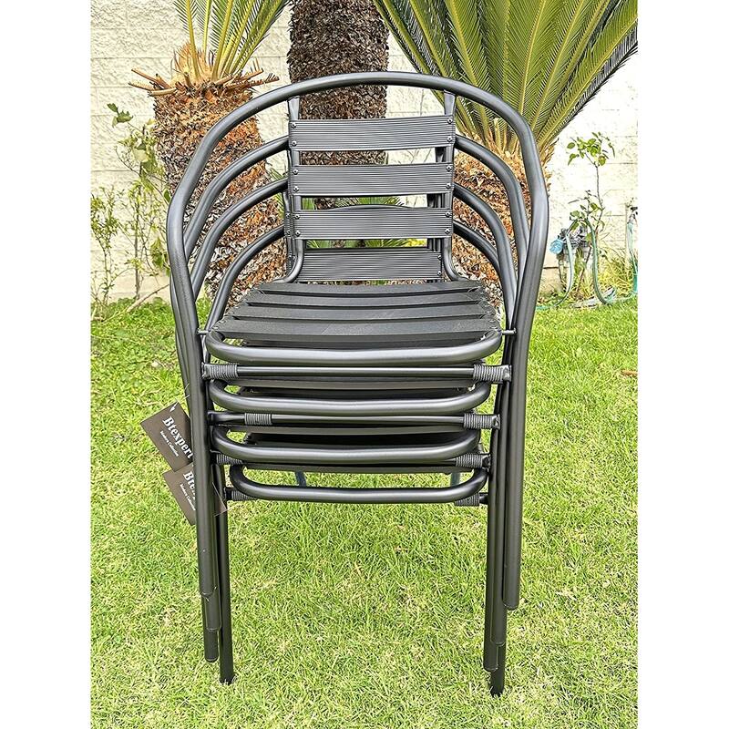 BTEXPERT Indoor Outdoor 23.75" Square Restaurant Table Stainless Steel Silver Aluminum + 3 Black Metal Slat Stack Chairs