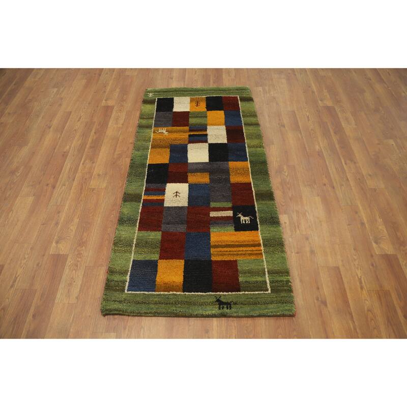 Hand Knotted Oriental 100% Wool Carpet Tribal Geometric Multi-Colored Gabbeh Runner Rug - 4' 8'' X 2' 3''