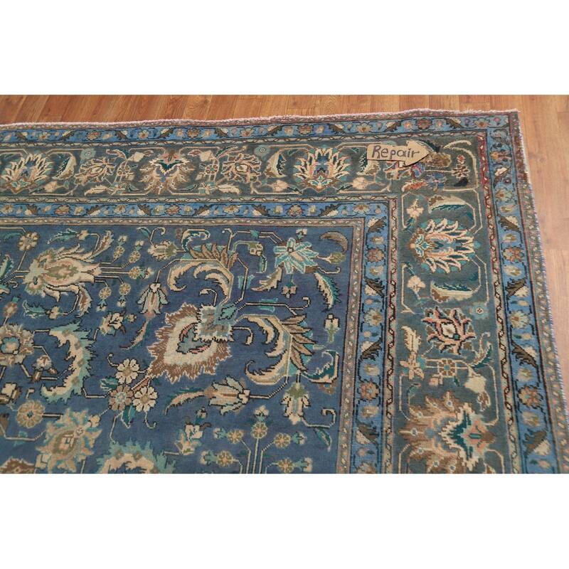 Distressed Blue Floral Tabriz Persian Area Rug Handmade Wool Carpet - 9'1"x 12'4"