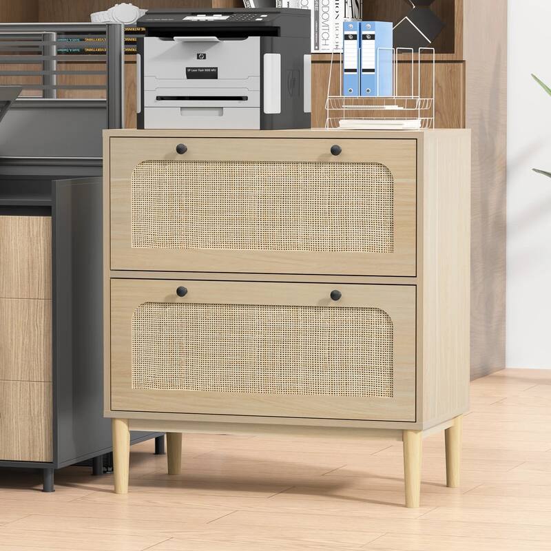 Anmytek Wood Rattan 2 Drawer Lateral File Cabinet with Adjustable Hanging Bar for Letter / A4 / Legal Size Files