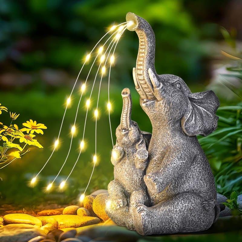Solar-Powered Mother & Child Elephant Statue, Outdoor Garden Decor with Warm Lights - 5 in. x 5 in. x 10 in. - Grey