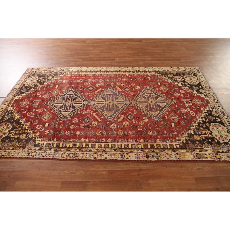 Red Animals Tribal Shiraz Persian Vintage Rug Handmade Wool Carpet - 4'6"x 8'0"