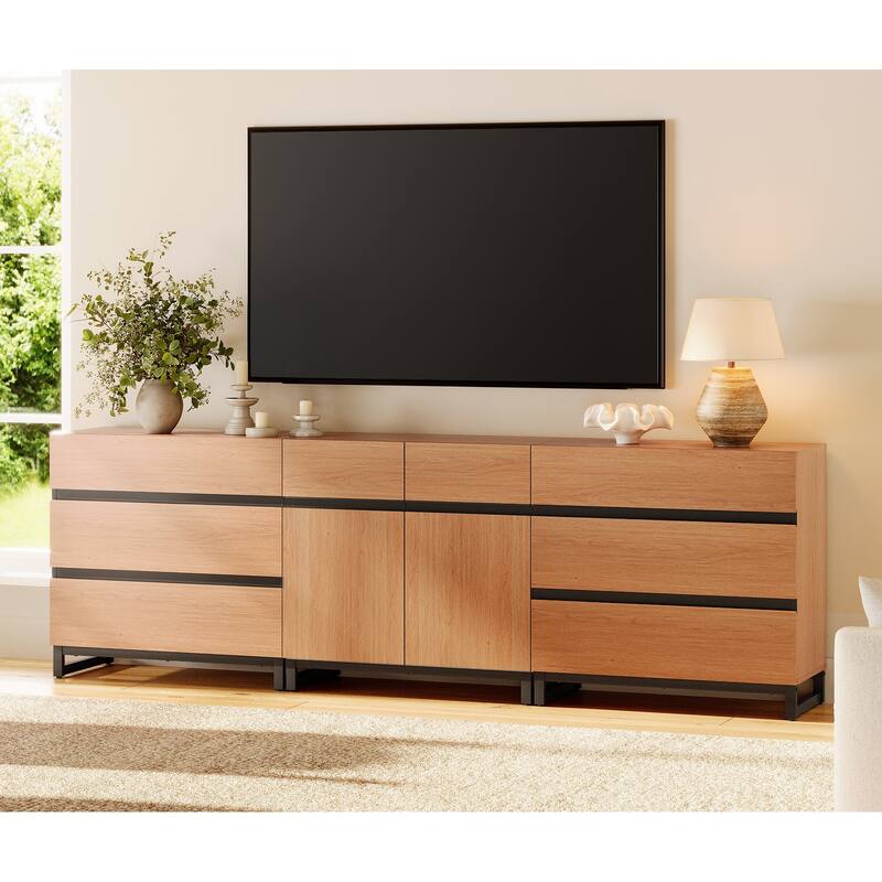 Modern TV Stand for TVs up to 100 inch, 3 in 1 TV Console with Adjustable Shelf and 6 Drawers, Media Console - 4 piece - Mocha