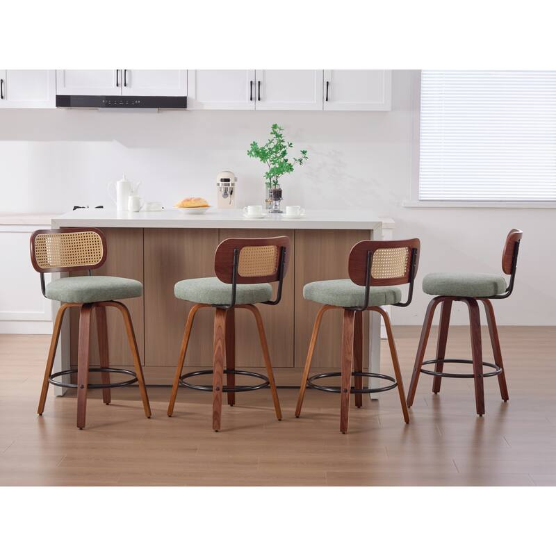 Roomfitters Upholstered Swivel Bar Stools Set of 2 with Rattan Back and Wood Legs, Modern Counter Height Dining Chairs