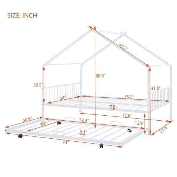 dimension image slide 2 of 6, Twin/Full Size Metal Platform Bed Frame with Twin Size Trundle, Kids House Bed with Headboard and Footboard