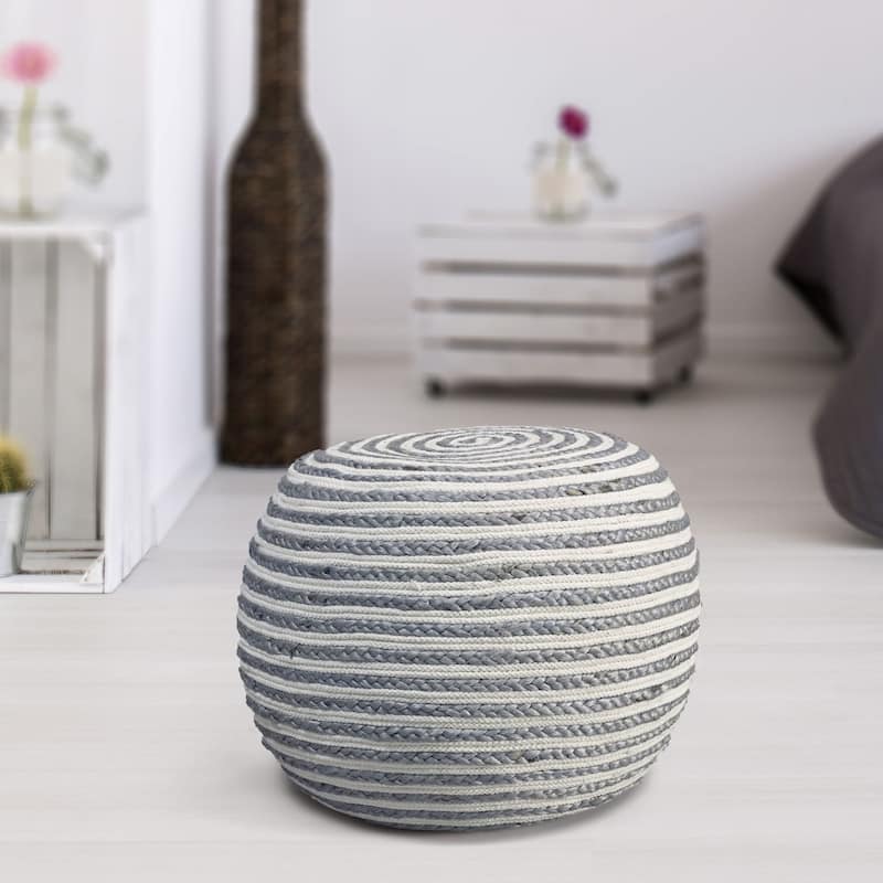 20" Gray and White Two Tone Hand Knitted Round Pouf Ottoman